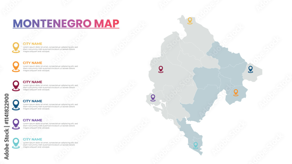 Naklejka premium Montenegro Modern Map Infographic Template, Detailed infographic map of Montenegro Popular City