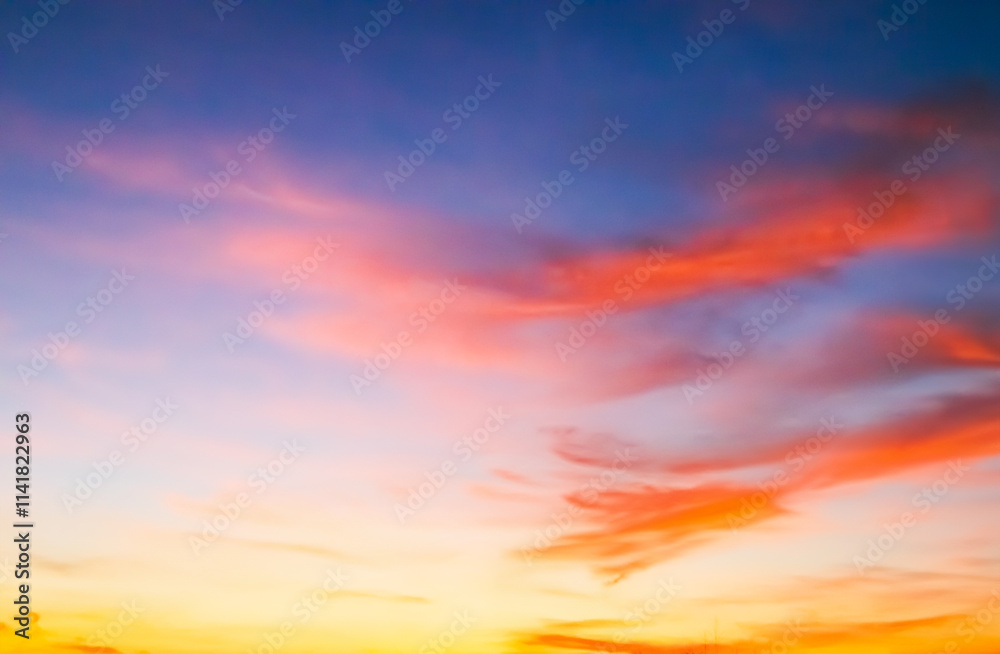 Fototapeta premium Sky sunset evening background sunrise dusk cloud dramatic orange twilight red warm sunny dawn sunshine romantic calm nature, cloudscape summer autumn spring scene, environment ecosystem energy.