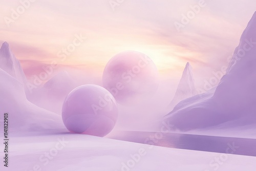 Two large spheres rest in a serene, lavenderhued landscape of mountains and a still lake, bathed in soft sunset light. photo