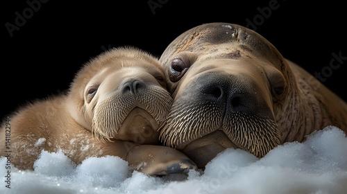 Two sea lions are laying on top of each other in the snow photo