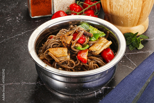 Buckwheat Soba with eel and vegetavles photo