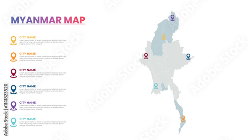 Myanmar Modern Map Infographic Template, Detailed infographic map of Myanmar Popular City