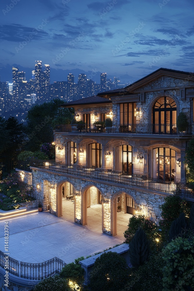 Fototapeta premium An ultra-luxury mansion on a Hill at night, with lights shining from the windows and balcony. A large courtyard and stone accents overlook the city skyline in the background. 