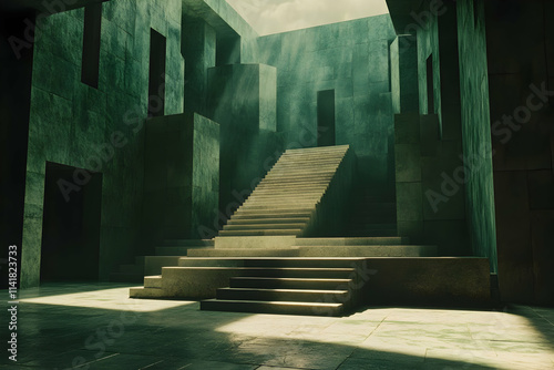 Mysterious green concrete stairway in a surreal, dark building interior.