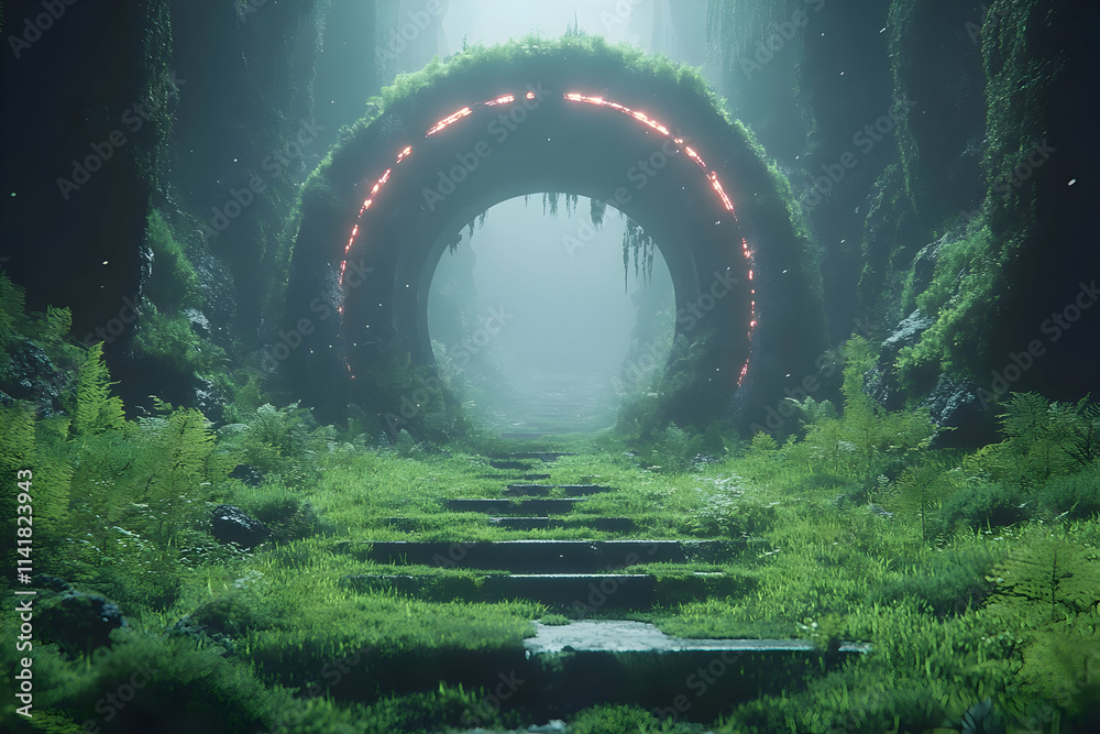 Mystical stone archway in lush forest, glowing ring, pathway. Mystical stone archway in lush forest, glowing ring, pathway.