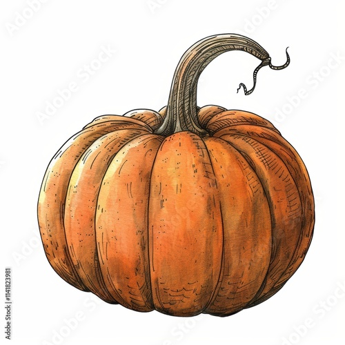 pumpkin, an illustration of a pumpkin. It is depicted with a classic round shape and prominent vertical ridges. The pumpkin is orange in color, with shading that gives it a three-dimensional appearanc photo