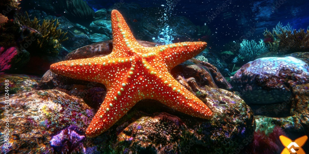 Vibrant Orange Starfish on Coral Reef Amidst Clear Blue Ocean Water and Colorful Marine Life Vibrant Orange Starfish on Coral Reef Amidst Clear Blue Ocean Water and Colorful Marine Life