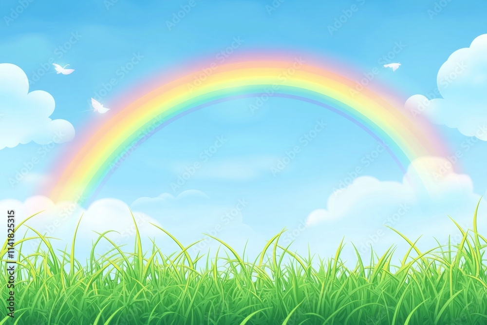 Beautiful rainbow over a green grass field with a blue sky background. Beautiful rainbow over a green grass field with a blue sky background.