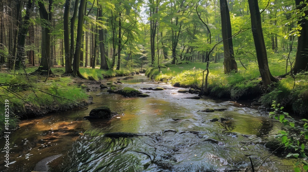 a serene forest scene with a gentle stream flowing through it. The stream is surrounded by lush green vegetation and tall trees, which create a canopy overhead a serene forest scene with a gentle stream flowing through it. The stream is surrounded by lush green vegetation and tall trees, which create a canopy overhead