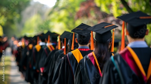 A line of graduates walking in unison during a ceremony, with their caps and gowns neatly arranged photo