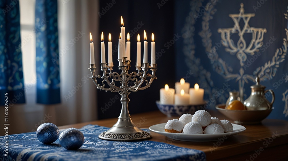 Hanukkah Table with Lit Menorah and Sufganiyot Hanukkah Table with Lit Menorah and Sufganiyot