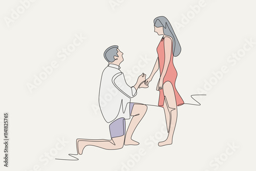 Colored Man proposes to partner on vacation. Romantic trips concept one-line drawing