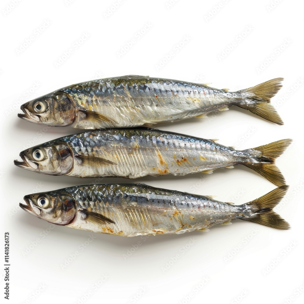 sardines, three whole fish lying side by side on a white surface. They appear to be fresh, with shiny, silvery scales and a bluish tint on their backs. The fish have their mouths slightly open and the sardines, three whole fish lying side by side on a white surface. They appear to be fresh, with shiny, silvery scales and a bluish tint on their backs. The fish have their mouths slightly open and the