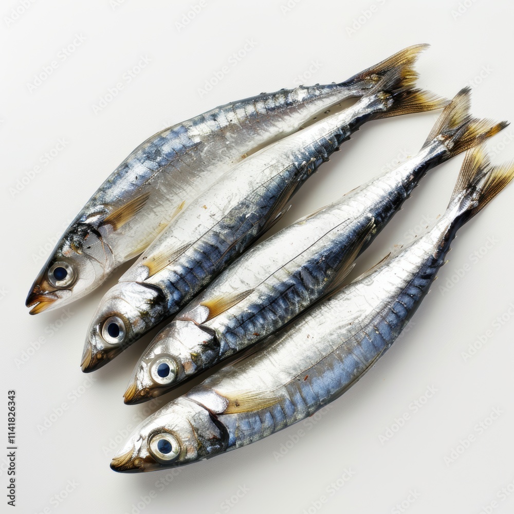 sardines, four whole sardines lying side by side on a light-colored surface. The fish have a shiny, silvery appearance with a hint of blue on their backs and a white underbelly sardines, four whole sardines lying side by side on a light-colored surface. The fish have a shiny, silvery appearance with a hint of blue on their backs and a white underbelly