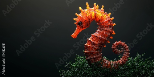 Stunning Orange Seahorse Sculpture with Intricate Design Against a Dark Background Surrounded by Greenery photo