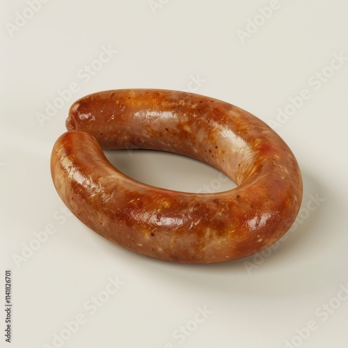 sausage, a single, coiled sausage with a shiny, browned exterior. It is shaped in a loose, circular form, resembling a horseshoe. The sausage has a slightly glossy appearance photo