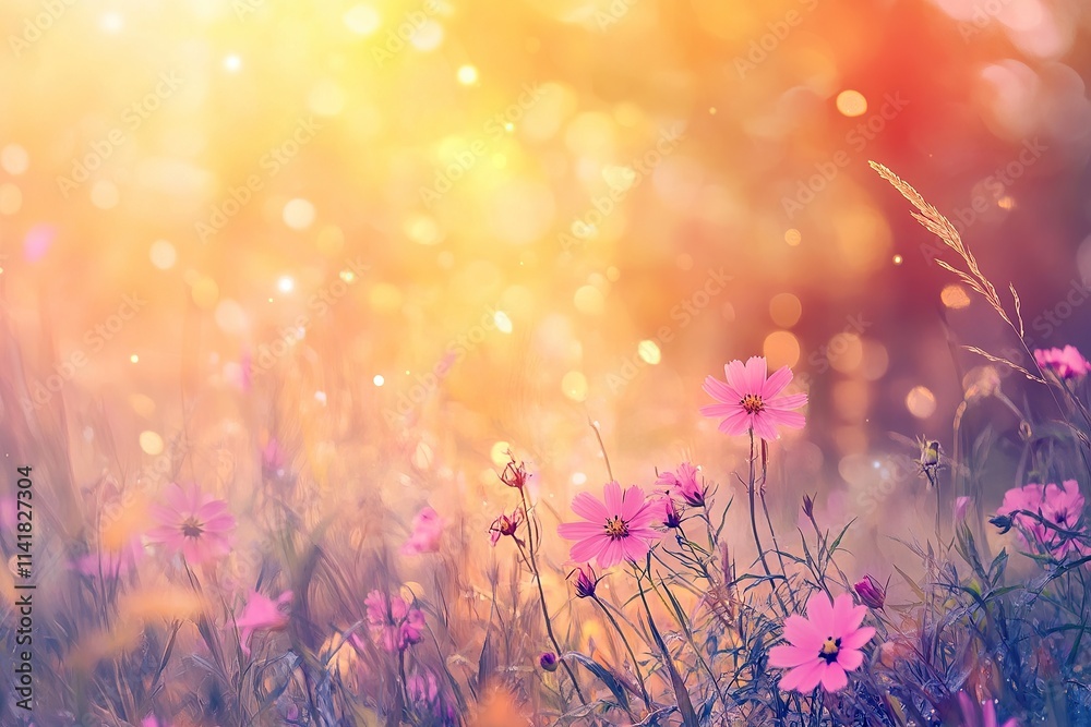 A close-up of freshly cut grass and wild flowers, with a blurred background of the meadow in summer A close-up of freshly cut grass and wild flowers, with a blurred background of the meadow in summer