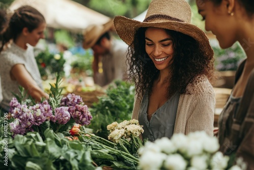 Smiling woman selecting fresh flowers at a vibrant farmers market on a sunny day in the countryside