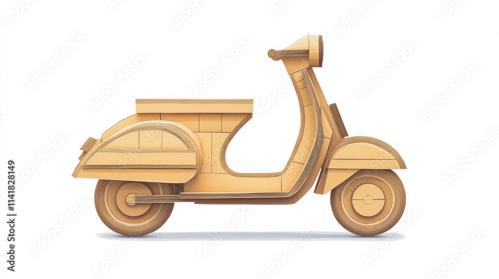 Fototapeta premium Wooden scooter illustration, side view, light brown, vintage style.