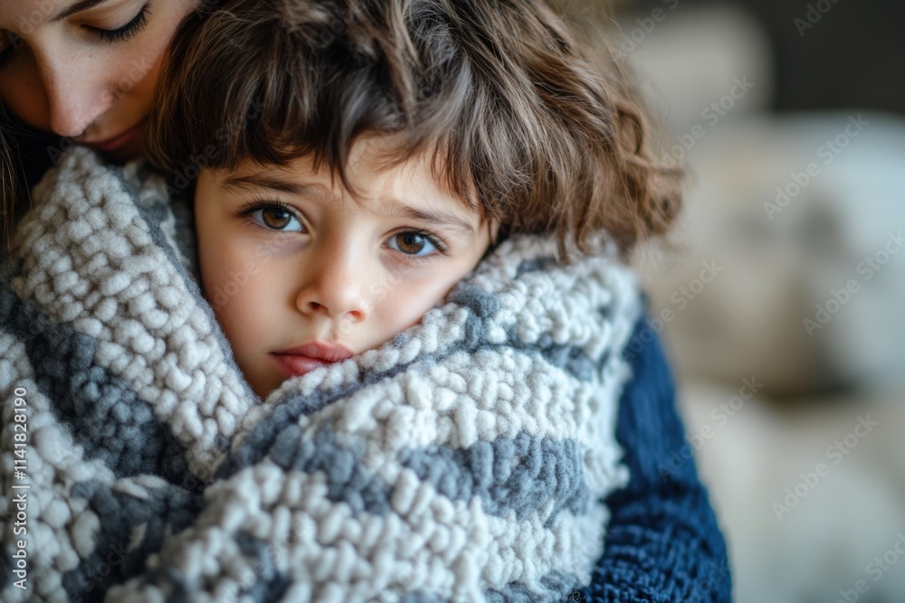 Cozy embrace captured on a chilly day with a child wrapped in a warm blanket Cozy embrace captured on a chilly day with a child wrapped in a warm blanket