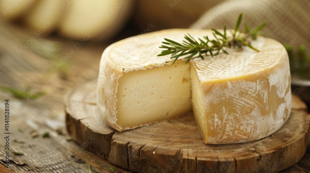 sheep cheese, a round wheel of cheese with a wedge cut out, revealing its creamy interior. The cheese has a natural rind and is placed on a wooden board sheep cheese, a round wheel of cheese with a wedge cut out, revealing its creamy interior. The cheese has a natural rind and is placed on a wooden board