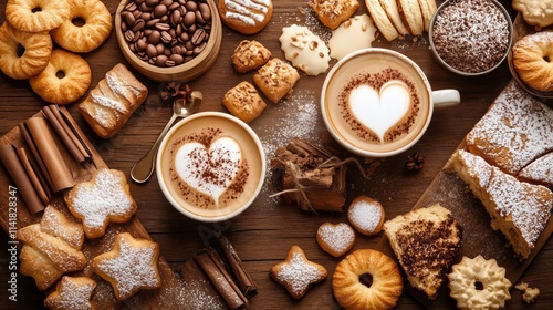 Two cappuccinos forming a heart shape surrounded by delicious pastries and coffee beans on wooden table