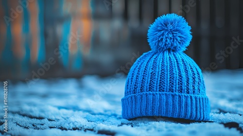 Winter Scene Knitted Blue Hat on Snow
