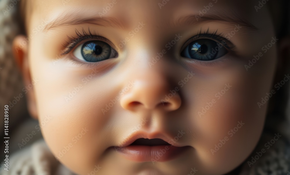 Close-up of a curious baby with blue eyes