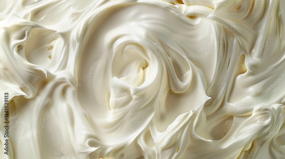 sour cream, a close-up view of a creamy, smooth substance with a swirled texture. The substance appears to be white or off-white in color, and its surface has a glossy sheen sour cream, a close-up view of a creamy, smooth substance with a swirled texture. The substance appears to be white or off-white in color, and its surface has a glossy sheen