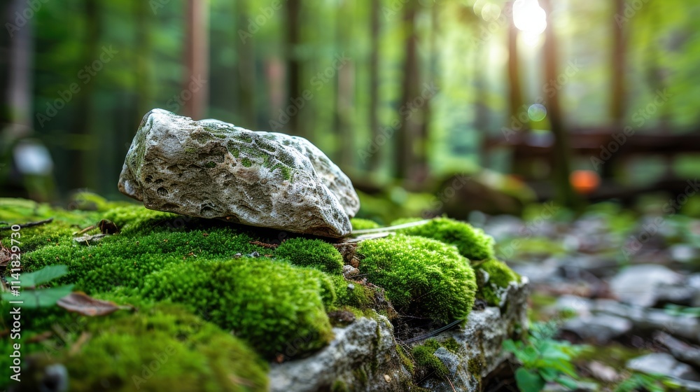 Exploring nature's serenity moss-covered rock in lush forest close-up view tranquil environment Exploring nature's serenity moss-covered rock in lush forest close-up view tranquil environment