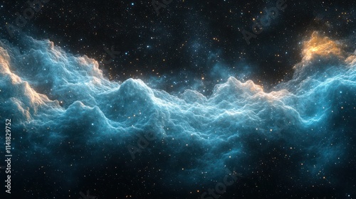 Abstract nebula in deep space, with swirling clouds of glowing blue and orange-yellow light against a backdrop of scattered stars. photo