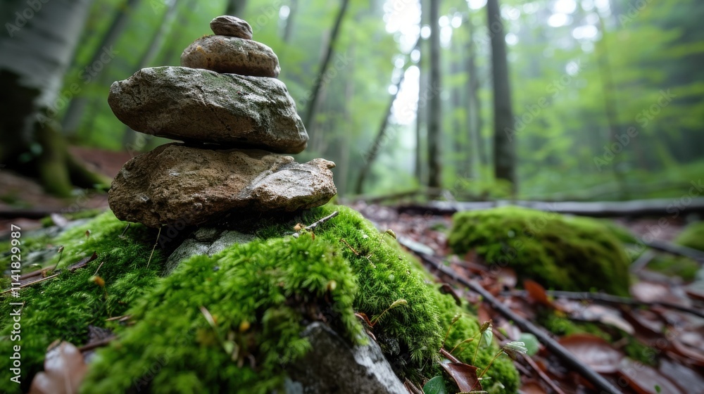 A serene forest scene featuring stacked stones on lush green moss, capturing the tranquility and beauty of nature. A serene forest scene featuring stacked stones on lush green moss, capturing the tranquility and beauty of nature.