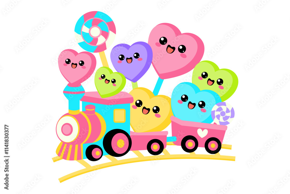 Naklejka premium Colorful Train with Smiling Heart Candies 
