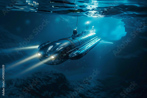 Beautiful large bathyscaphe floating in middle of ocean during exploration photo