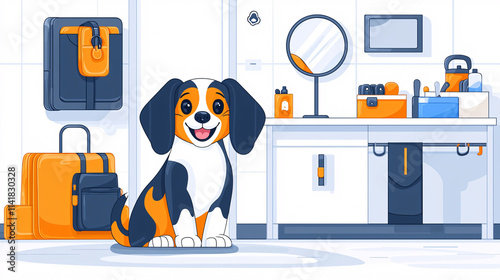 A Beagle Puppy in a Office room with Luggage.