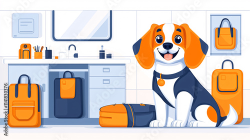 A Beagle Puppy in a Office room with Luggage.