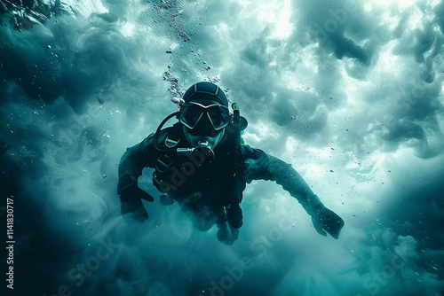 Beautiful diver goes on an underwater adventure in frighteningly deep sea