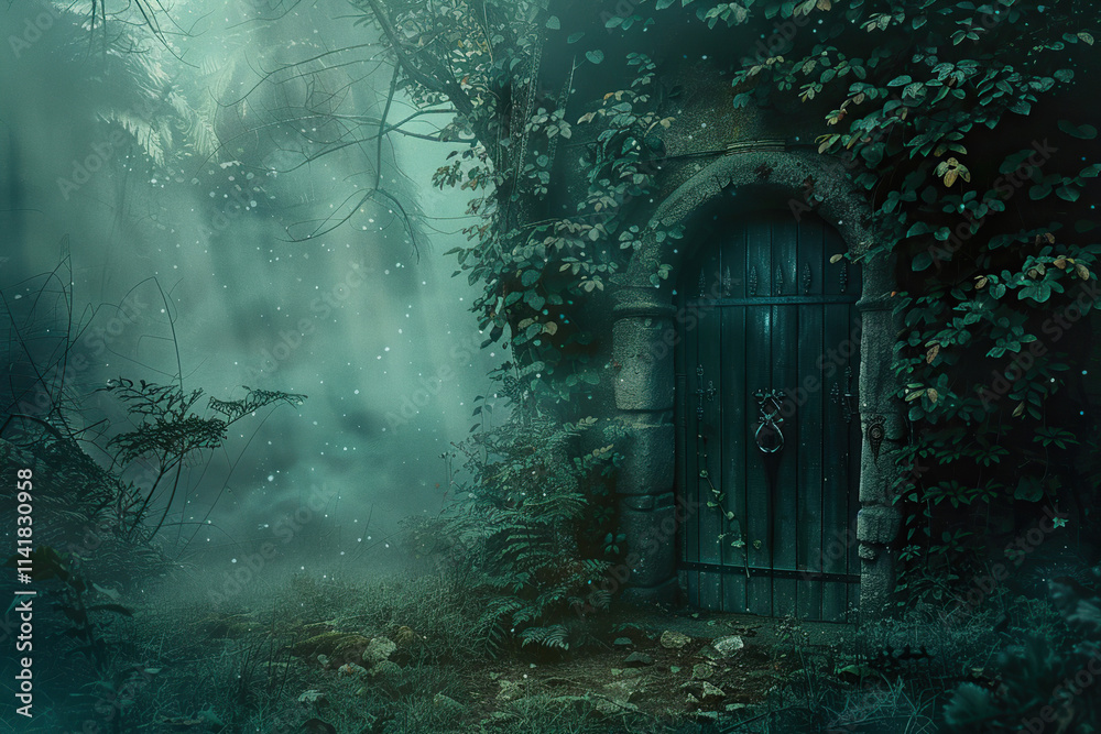 Fantastically door in wild forest leading to deep unknown