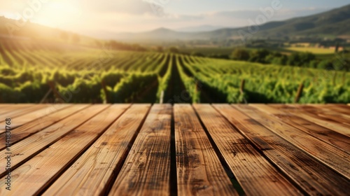 A serene vineyard landscape at sunset, showcasing lush grapevines and a wooden deck in the foreground, inviting a sense of tranquility and natural beauty.