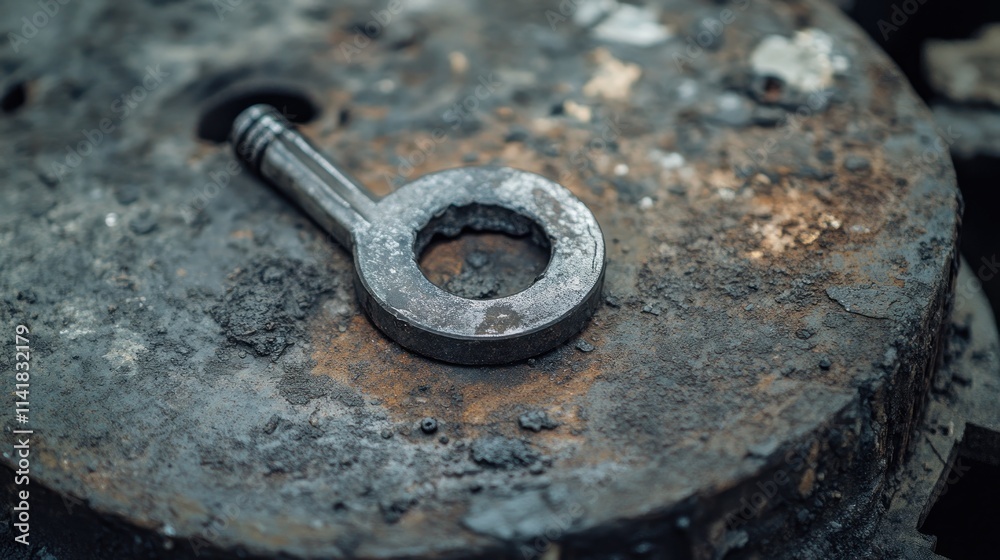 Rusty metal workbench with a machined key. Rusty metal workbench with a machined key.