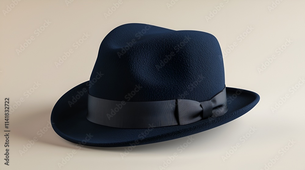 Dark navy blue fedora hat with satin ribbon band on beige background Dark navy blue fedora hat with satin ribbon band on beige background
