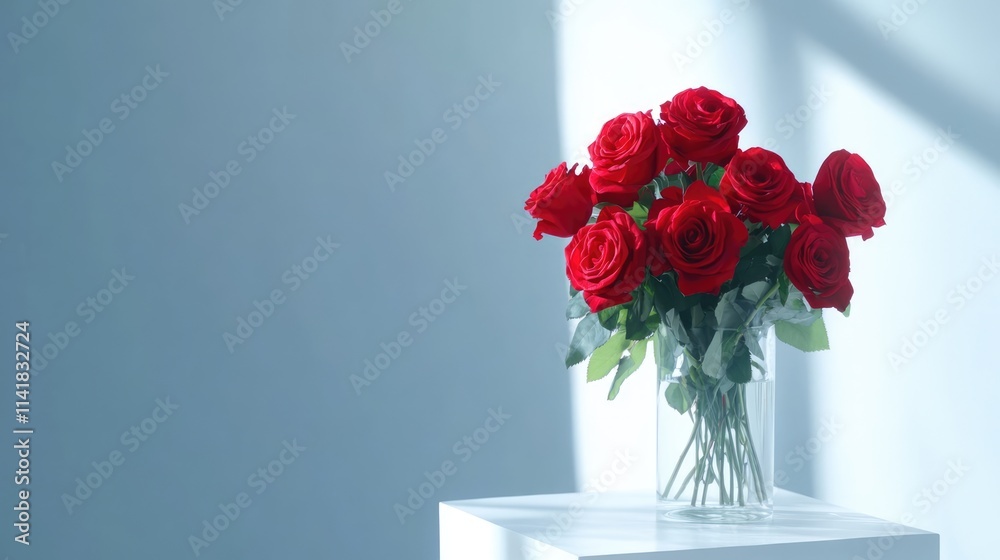 Fototapeta premium Elegant red rose bouquet in glass vase on white pedestal against bright room backdrop showcasing floral beauty and natural light.