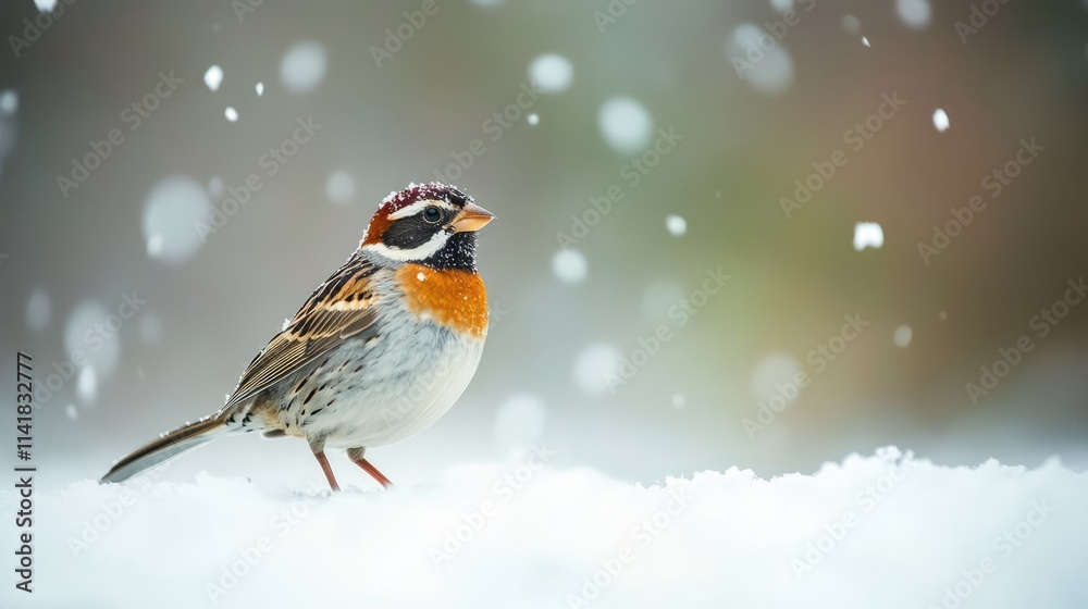 Banded rufous collared sparrow perched in snow during gentle snowfall showcasing nature's beauty and tranquility in winter scenery Banded rufous collared sparrow perched in snow during gentle snowfall showcasing nature's beauty and tranquility in winter scenery