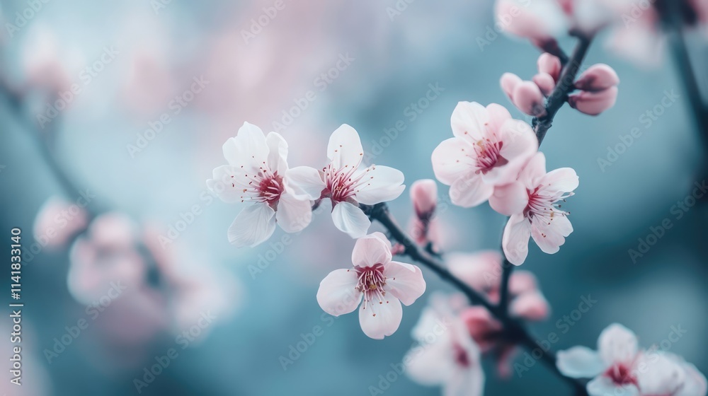 Beautiful almond tree blossoms in soft pastel tones showcasing delicate flowers in full bloom against a serene background