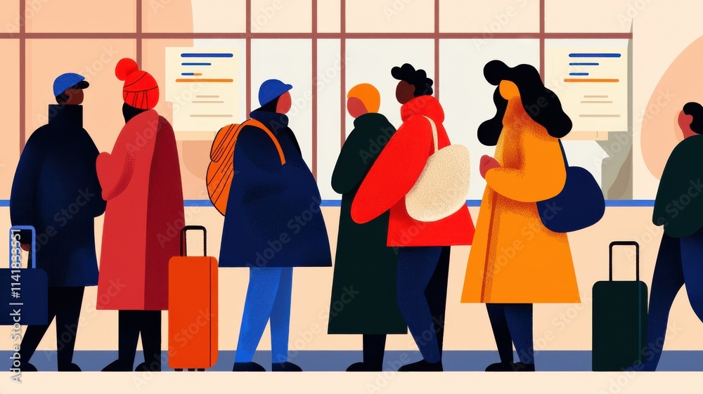 Travel Restrictions and Guidelines. A vibrant illustration of people waiting in line at a station, showcasing diverse individuals with luggage, dressed in warm winter clothing. Travel Restrictions and Guidelines. A vibrant illustration of people waiting in line at a station, showcasing diverse individuals with luggage, dressed in warm winter clothing.