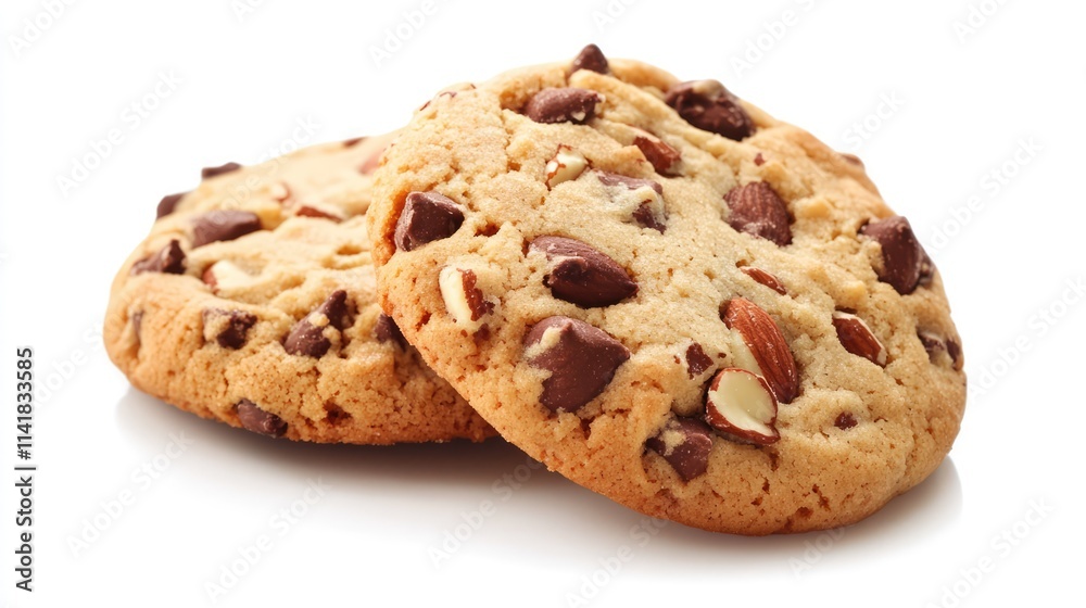 Almond chocolate chip cookies with nuts stacked on a white background delicious dessert snack for food lovers and baking enthusiasts Almond chocolate chip cookies with nuts stacked on a white background delicious dessert snack for food lovers and baking enthusiasts