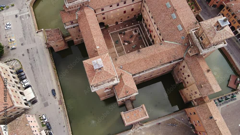 Top-down view of Estense Castle in Ferrara - Medieval Design in Emilia-Romagna Top-down view of Estense Castle in Ferrara - Medieval Design in Emilia-Romagna