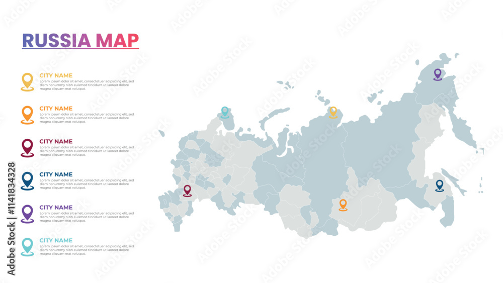 Naklejka premium Russia Modern Map Infographic Template, Detailed infographic map of Russia Popular City