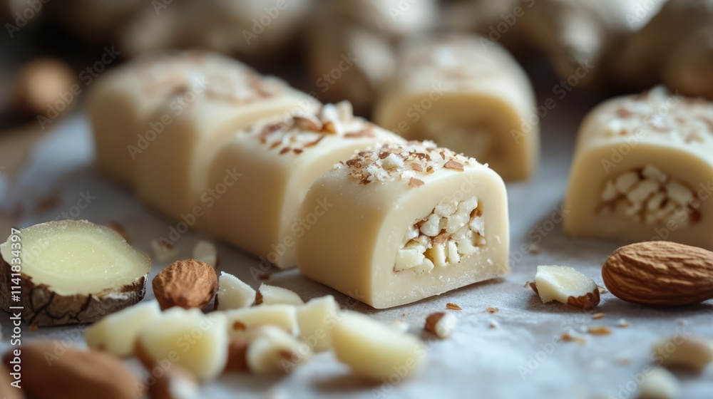 Almond Marzipan Bars with Ginger and Chopped Nuts on a Rustic Surface Almond Marzipan Bars with Ginger and Chopped Nuts on a Rustic Surface