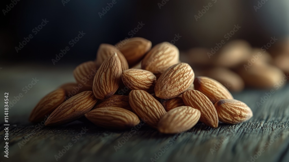 Natural Almonds Piled on Rustic Wooden Surface with Soft Lighting for Healthy Snack Concept and Culinary Use Natural Almonds Piled on Rustic Wooden Surface with Soft Lighting for Healthy Snack Concept and Culinary Use